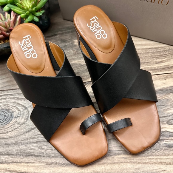 NIB Franco Sarto Safia Black Leather Toe Post Bock Heel Slide Sandal 8M 38 - Picture 2 of 14